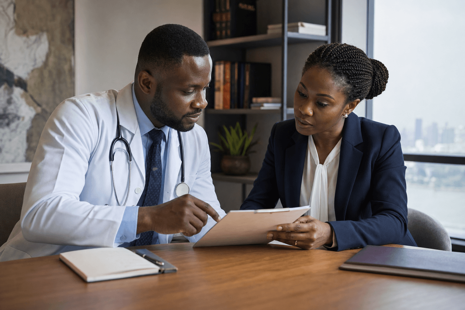 A doctor and legal professional reviewing medical-law documents together